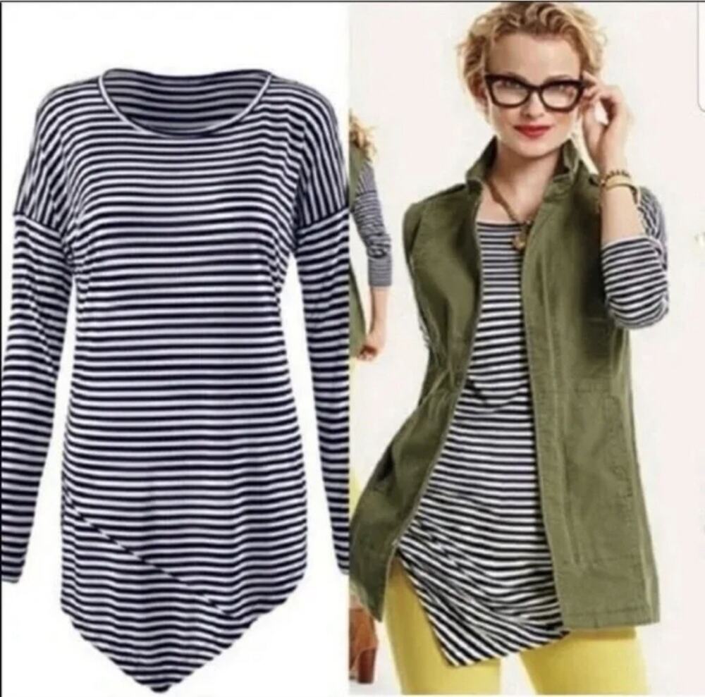 Cabi Women's XXS Shirt Top Blue White Striped Asymmetrical Hem Boat #5064
